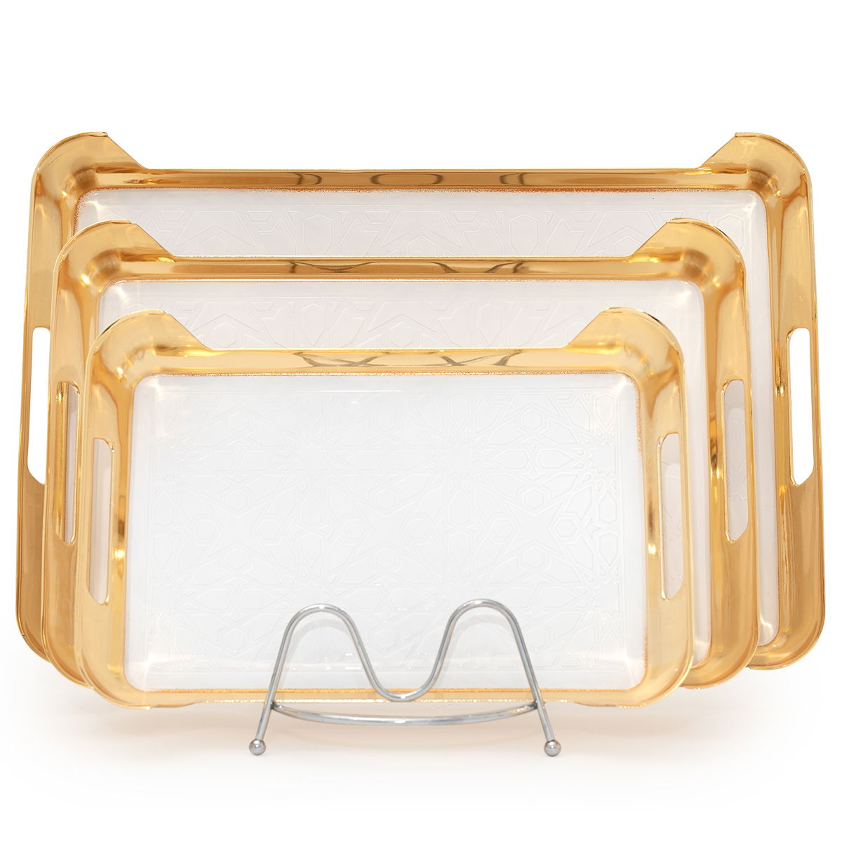 Al Saif Gallery steel tray set with gold edges, 3 pieces, rectangular - white product image