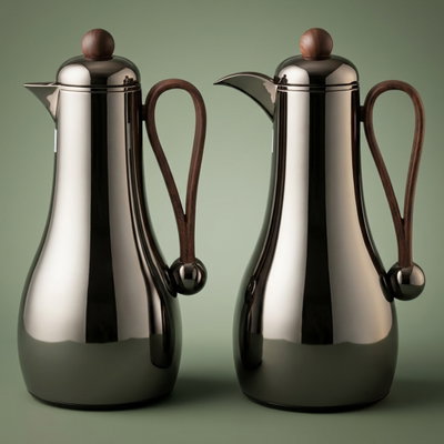 Al Saif Gallery Gheem Thermos Set, 2 Pieces, 1/1 Liter, Glass Inner Container, Wooden Handle - Glossy Black product image 1
