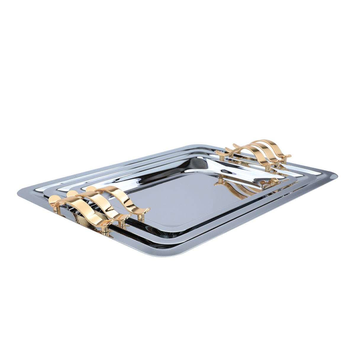 Al Saif Gallery steel tray set with a gold handle, 3 pieces, rectangular - silver product image 3
