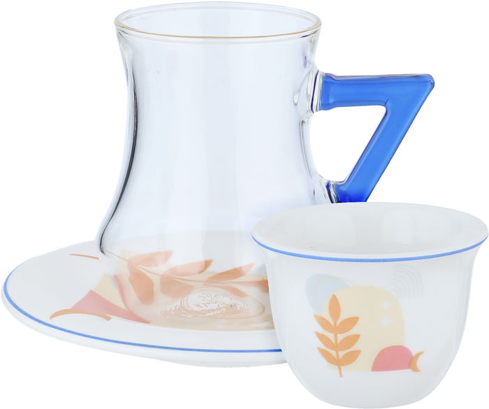 طقم تقديم شاي وقهوة زجاج وبورسلان السيف غاليري، 18 قطعة، يد زرقاء - شفاف أبيض product image 2