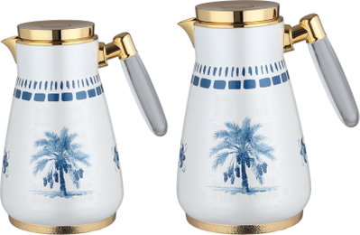 طقم ترامس الواحة السيف غاليري، 0.75 / 1 لتر، قطعتين، حافظة داخلية زجاج، غطاء ضغاط، يد رمادي - أبيض لؤلؤي أزرق product image 2