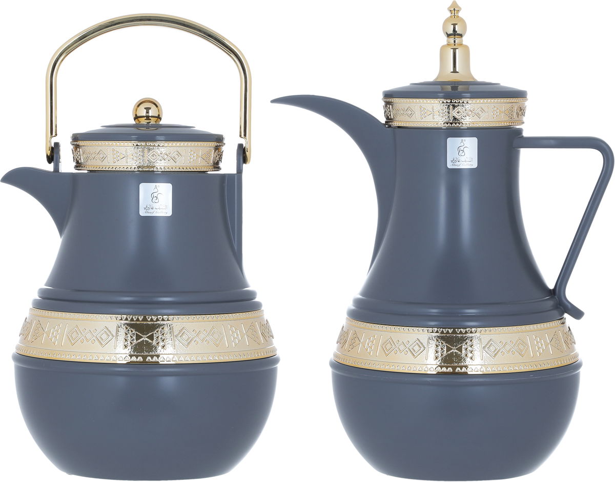 Al Saif Gallery Amal thermos set, 1 liter, gilded, two pieces, thermal glass inner shell, plastic outer shell - dark gray product image 1