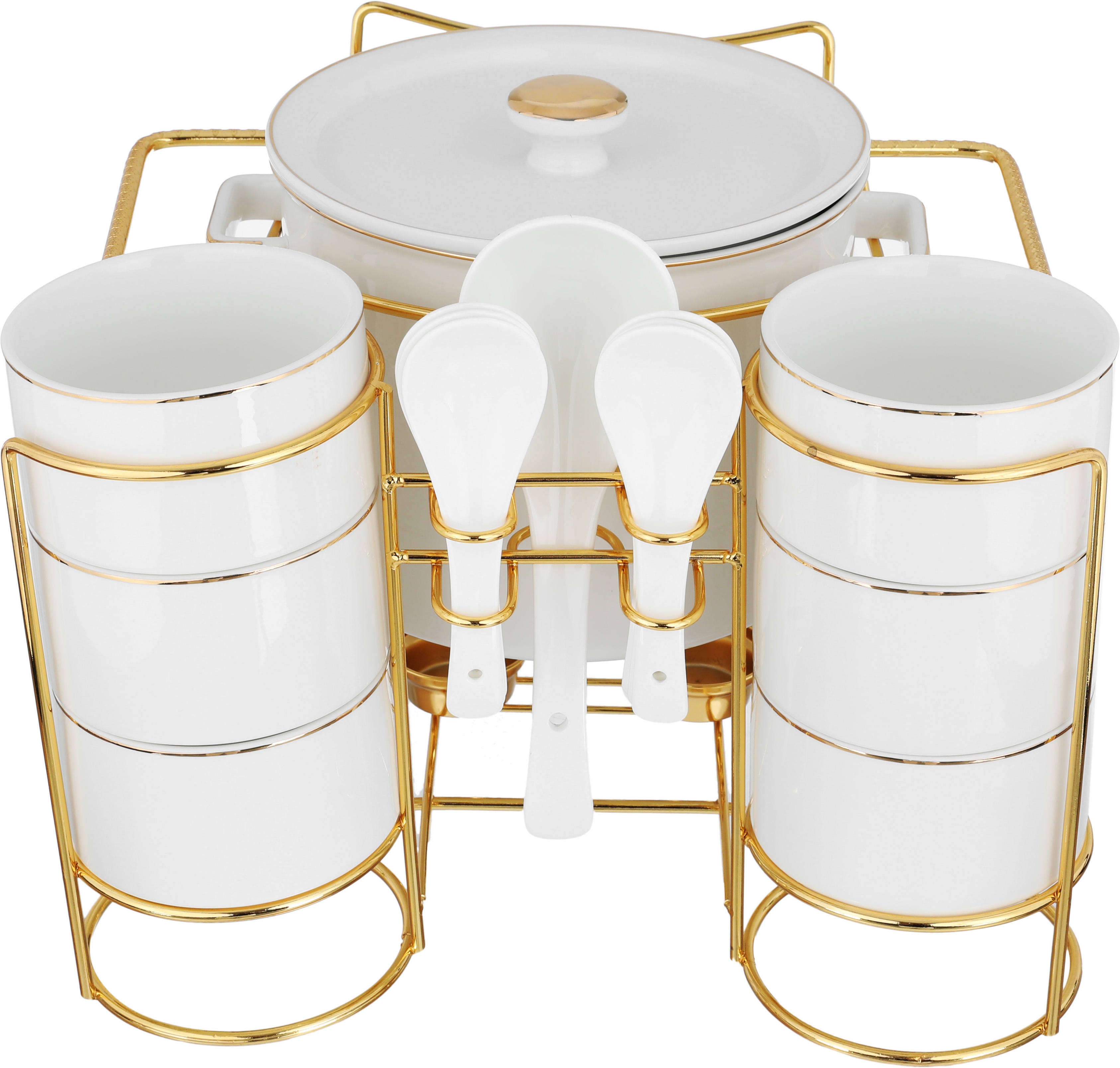 One More Porcelain Soup Set with Stand, 16 Pieces - White Gold product image