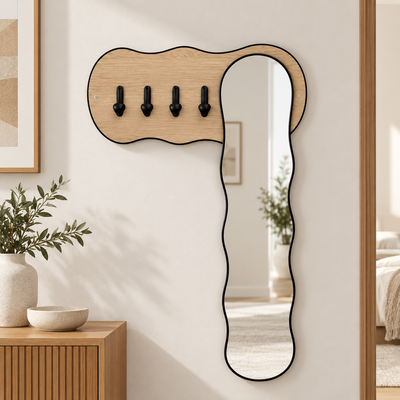 مرآة مدخل منزل زجاج، 80×120×30 سم، لوح تعليق خشبي، خطافات تعليق معدنية - بيج product image 1