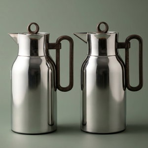 Al Saif Gallery  Al Durra Stainless Steel Thermos Set, 1/1 Liter, 2 Pieces, Glass Inner Container, Push Button, Wooden Handle - Shiny Silver product image