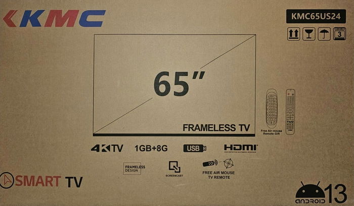 KMC KMC65US24 Frameless LED Smart TV, 65 inch, 4K UHD, Built-in Receiver, Android 13, 2 Remote - Black product image 3