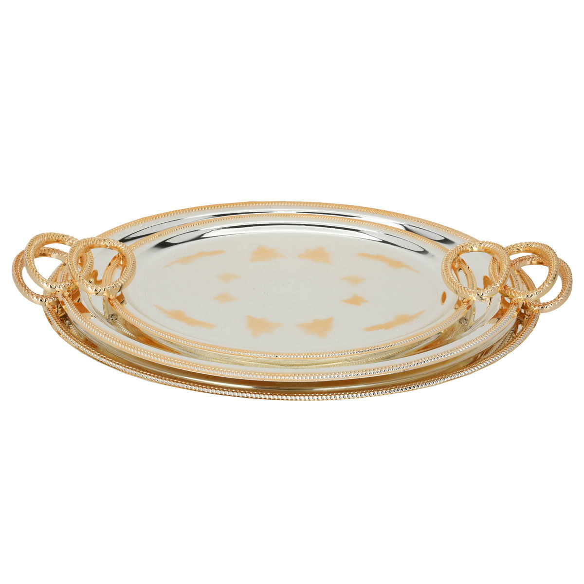 Al Saif Gallery steel topper set, 52 x 36.7 x 1.6 / 49 x 34 x 1.6 / 40 x 27 x 1.6 cm, oval, gold engraved, handle 3 pieces - silver product image 2