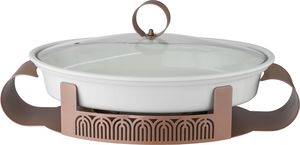 Al Saif Gallery Porcelain Food Warmer, 16 inches, 48x28x12 cm, Steel Base, Glass Lid, Oval - White Brown product image