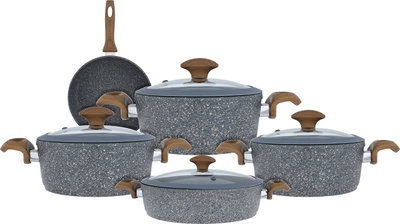 طقم قدور جرانيت بغطاء زجاج فالز، 9 قطع، يد خشب - رمادي غامق product image 2