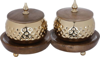 Al Saif Gallery Steel Yogurt Set, 13 x 16 x 28 cm, 3 pieces, wooden tofa, lid - brown product image 1