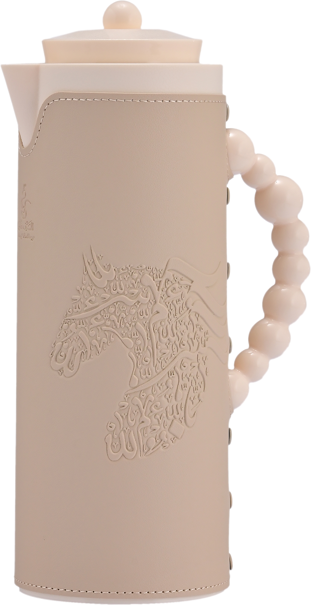Al Saif Gallery Royal 7T thermos, 1 liter, leather covered, horse pattern, glass inner case, plastic outer shell - beige product image