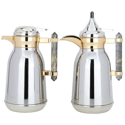 طقم ترامس شهد استيل السيف غاليري، 1+1 لتر، فم ذهبي بيد رخامي أسود، قطعتين - فضي product image 1