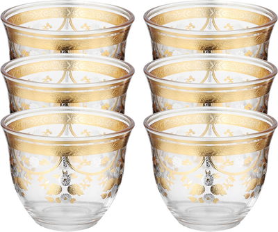طقم فناجين قهوة عربي زجاج السيف غاليري ماكس، 6 قطع، 90 مل، نقش ذهبي - شفاف product image 1