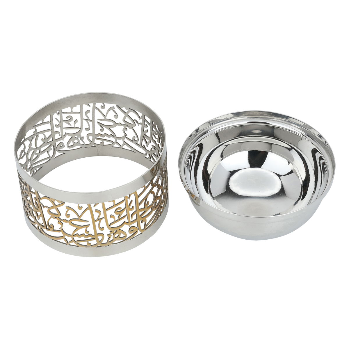 صحن تقديم انديا استيل السيف غاليري، 10×10×6 سم، دائري، نقش عربي بذهبي، صغير - فضي product image 2