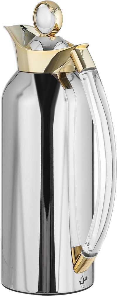 Al Saif Gallery Al Thuraya Thermos Set, 2 Pieces, 1/1 Liter, glass interior, transparent handle, push-button lid - silver gold product image 4