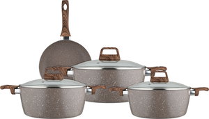 طقم قدور جرانيت روكي، 7 قطع، مسكة يد خشبي، غطاء زجاج - بني product image