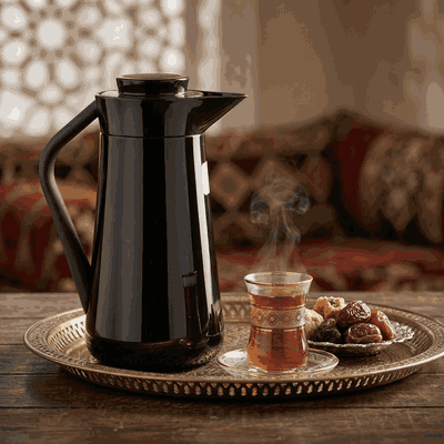 Al-Saif Gallery Al-Huda Stainless Steel Thermos, 1 Liter, Wooden Handle, Push Button - Glossy Black product image 2