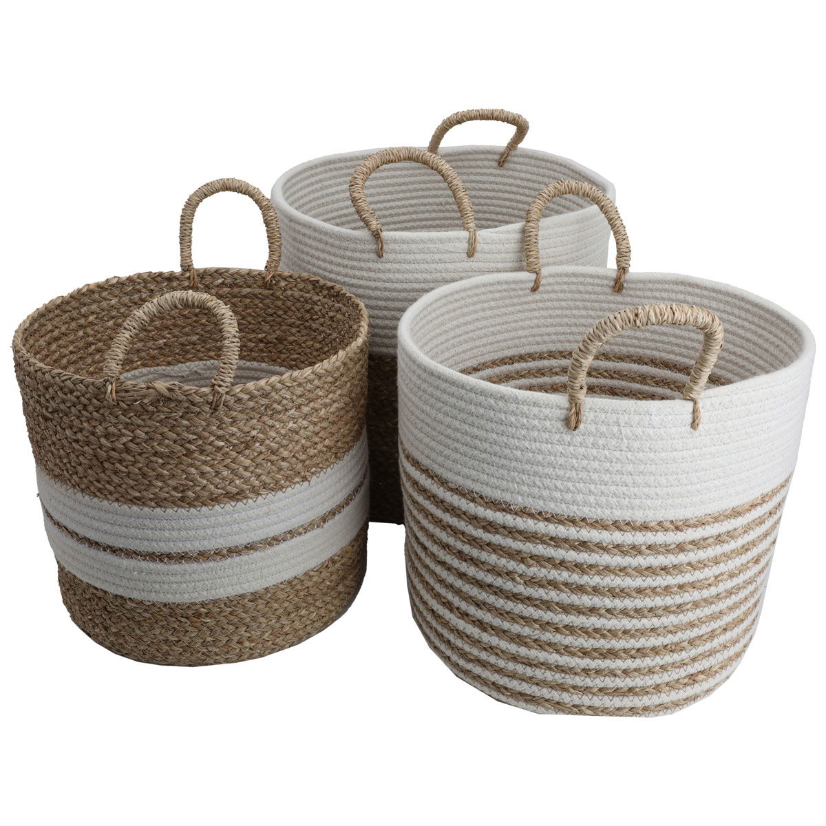 Al Saif Gallery Cotton Baskets Set, 29 x 35 x 37 cm, Round with Handle, 3 Pieces - Beige product image