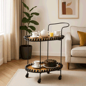 عربة تقديم الطعام معدن و خشب، 84×40×70 سم، 2 رف، عجلات دوارة 360 - اسود بني product image 2