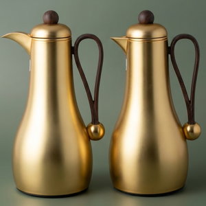 Al Saif Gallery Gheem Thermos Set, 2 Pieces, 1/1 Liter, Glass Inner Container, Wooden Handle - Gold product image