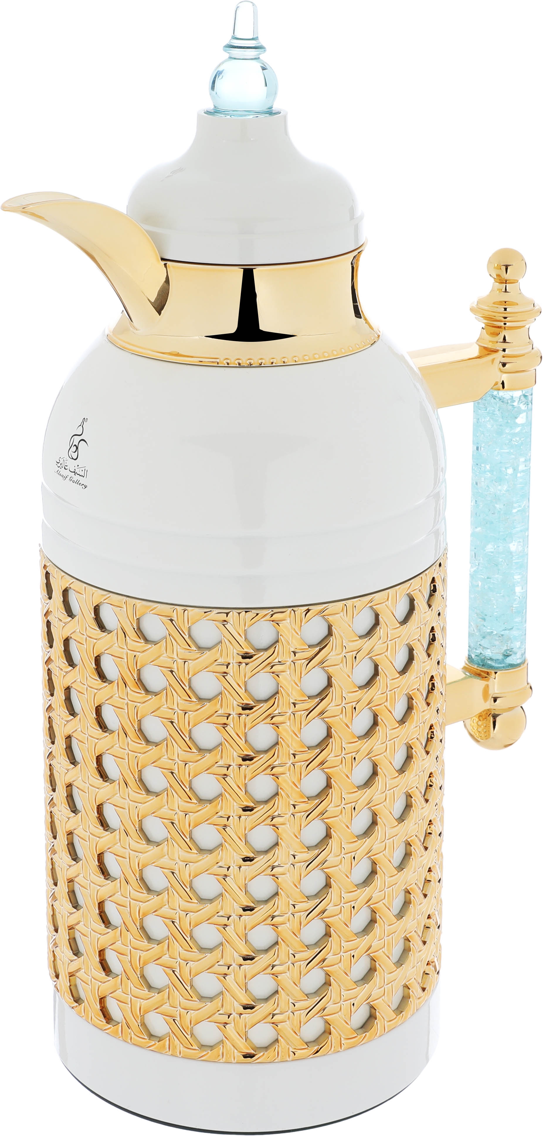 Al Saif Gallery Sarah thermos set, 1 liter, crystal handle, thermal glass inner case, steel outer case - white and golden product image 2