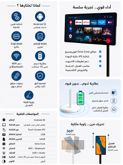 شاشة متنقلة سمارت ويكسانا، 21.5 بوصة، اندرويد 15، ذاكرة 3 جيجا بايت، مساحة 64 جيجا بايت، تدعم الواي فاي والبلوتوث - اسود product image 2