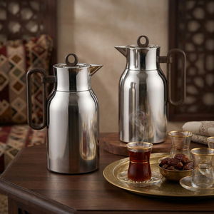 Al Saif Gallery  Al Durra Stainless Steel Thermos Set, 1/1 Liter, 2 Pieces, Glass Inner Container, Push Button, Wooden Handle - Shiny Silver product image 2