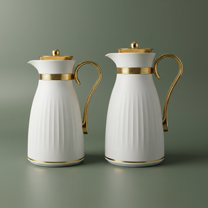 Al Saif Gallery Danat thermos set, 1/0.7 liter, golden handle, 2 pieces, thermal glass inner shell, plastic outer shell - light gray product image
