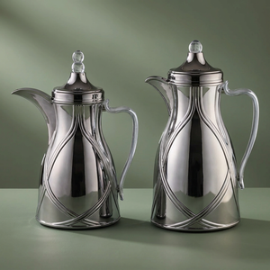 Al Saif Gallery Taif Thermos Set, 0.7/1 Liter, 2 Pieces, Glass Interior, Transparent Handle, Push-Button Lid - Matte Black product image