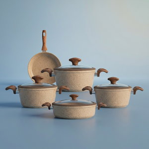 طقم قدور جرانيت بغطاء زجاج فالز، 9 قطع، يد خشبي - بني فاتح product image