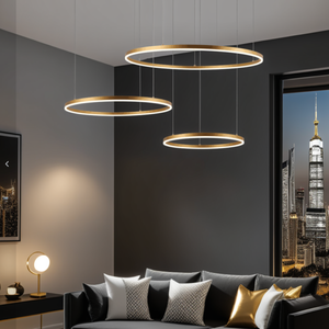 Meshkati modern chandelier, 3 circular rings, 3000 Kelvin, 75 watts, 60 x 80 x 100 cm, acrylic aluminum, LED - gold product image