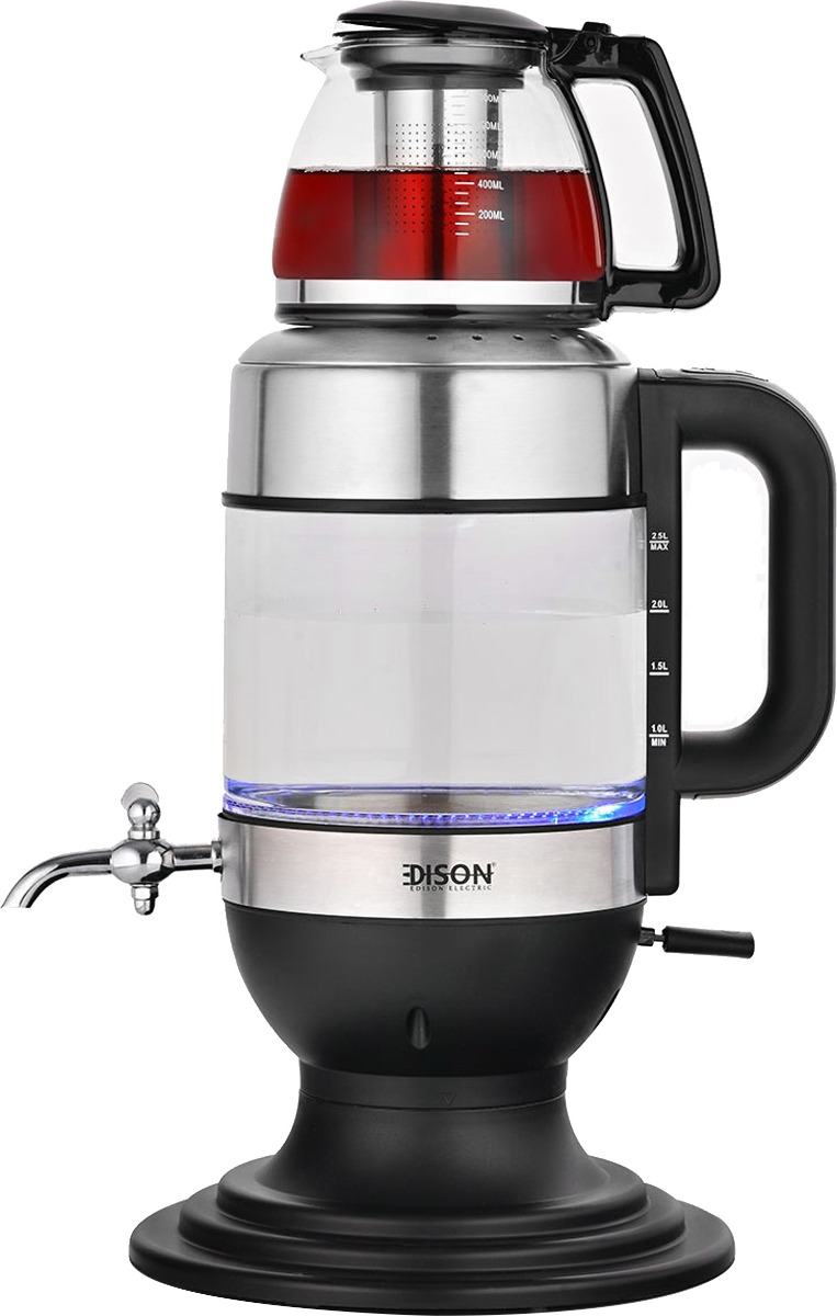 سماور كهربائي إديسون، مع إبريق شاي زجاج، 2.5 لتر، / 1.0 لتر، 2200 واط - فضي product image