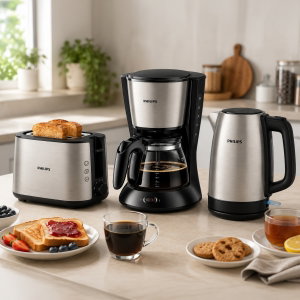 مجموعة فطار فليبس، حماصة خبز فليبس سيريس 5000، 950 واط، شريحتين، 8 اعدادت، HD2650/31 - اسود - غلاية ماء كهربائية فيليبس، 2200 واط، 1.7 لتر، HD9350/92 - فضي - آلة تحضير القهوة فيليبس، 1.2 لتر، 15 كوب، 920-1080 واط، إبريق زجاجي، HD7462/20 - أسود product image