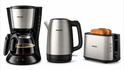 مجموعة فطار فليبس، حماصة خبز فليبس سيريس 5000، 950 واط، شريحتين، 8 اعدادت، HD2650/31 - اسود - غلاية ماء كهربائية فيليبس، 2200 واط، 1.7 لتر، HD9350/92 - فضي - آلة تحضير القهوة فيليبس، 1.2 لتر، 15 كوب، 920-1080 واط، إبريق زجاجي، HD7462/20 - أسود product image 3