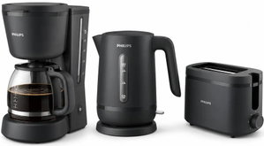 طقم إفطار فيليبس، محمصة فيليبس، 650 واط، شريحتان، HD2510/90 - أسود - غلاية كهربائية فيليبس، 1.7 واط، 2200 واط - أسود - ماكينة صنع القهوة بالتنقيط فيليبس، 1.2 لتر، 1000 واط، HD7430/90 - أسود product image